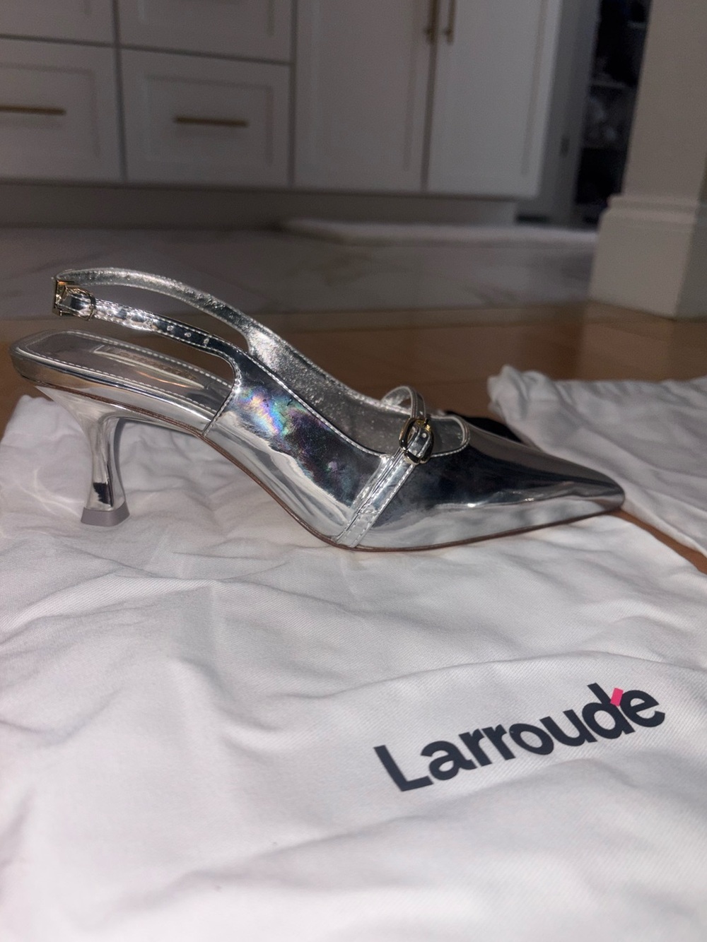 Larroude Metallic Silver Pointed Slingback Kitten Heel